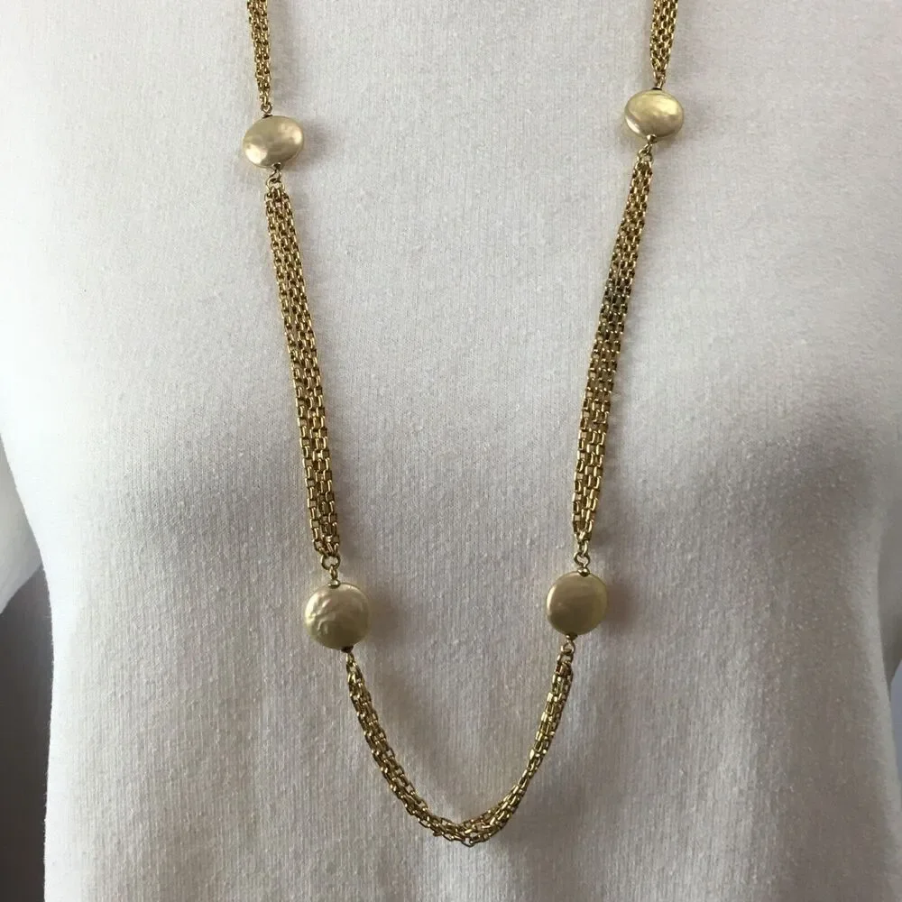 Anne Klein Vintage AK Faux Button Pearl Gold Tone Chain 36in Rope Necklace